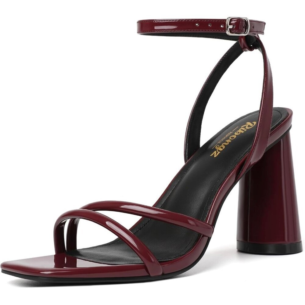 Women's Burgundy Square Open Toe Strappy Ankle Strap Block Heeled Sandals Shoes
